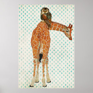 Poster d'art de la girafe d'ambre et de la chouett