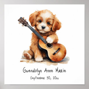 Poster d'art de la pépinière Chiot avec guitare