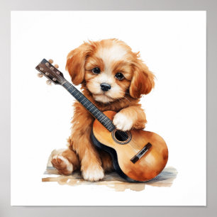 Poster d'art de la pépinière Chiot avec une guitar