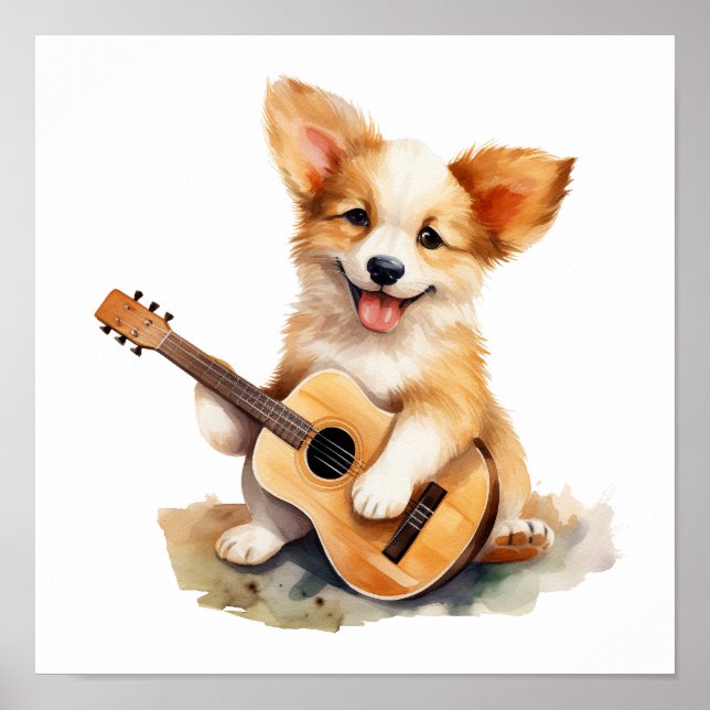 Poster d'art de la pépinière Chiot avec une guitar (Devant)