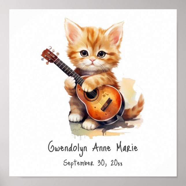 Poster d'art de la pépinière Tabby Chat avec guita (Devant)