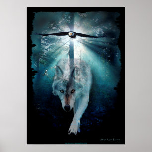 Poster d'art faunique Wolf, Eagle et Forêt