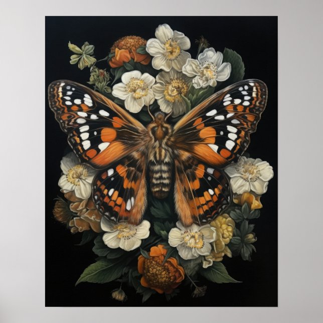 Poster D'Art Gothique Moth Et Fleurs (Devant)