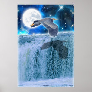 Poster d'art Imaginaire Heron, Moon & Waterfall