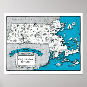 Poster d'art mural sur la carte d'état du Massachu