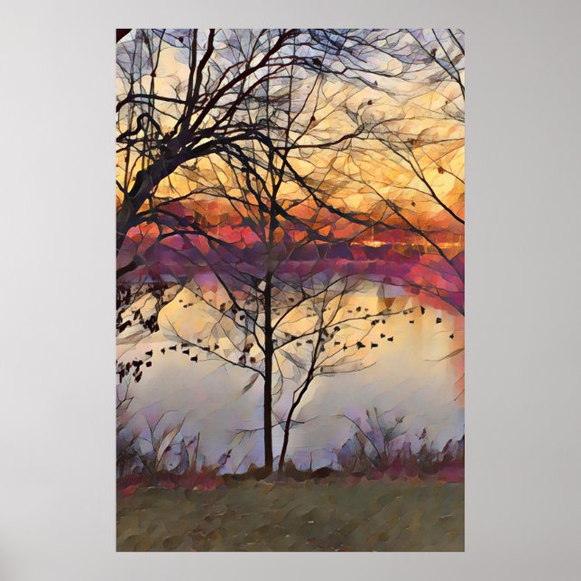 Poster d'art Peinture à l'huile d'étang coucher du (Devant)
