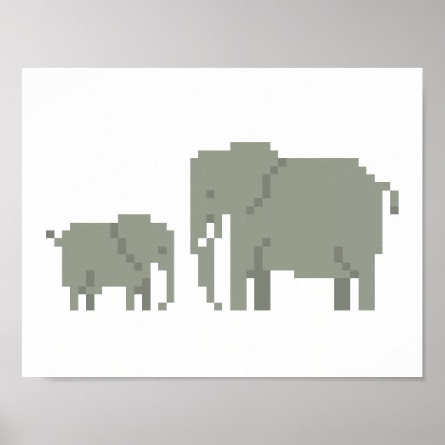 Poster D'Art Pixel De Mère Et Bébé Eléphant (Devant)