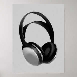 Poster d'art pop casque en niveaux de gris Imprime