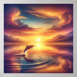 Poster Dauphin au coucher du soleil - Art océanique dynam