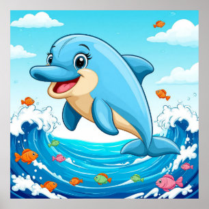 Poster Dauphin de dessin animé mignon Splash pour décorat