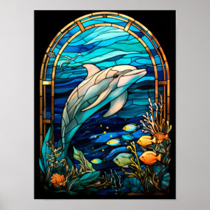 Poster Dauphin en verre coloré nageant dans l'océan de ré