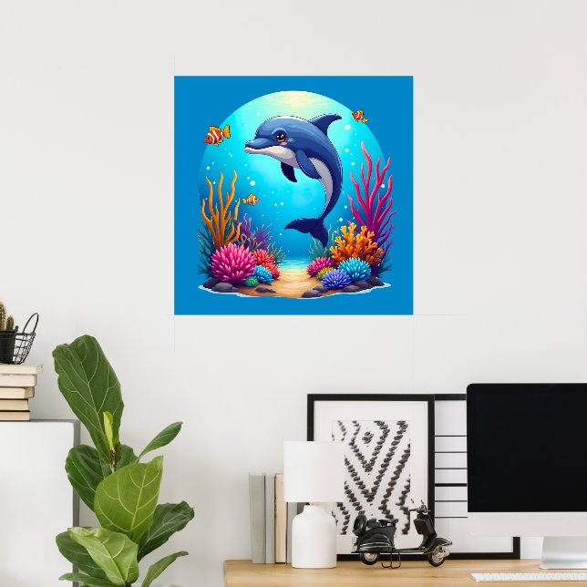 Poster Dauphin géant dans le récif corallien vibrant (Bureau à domicile)