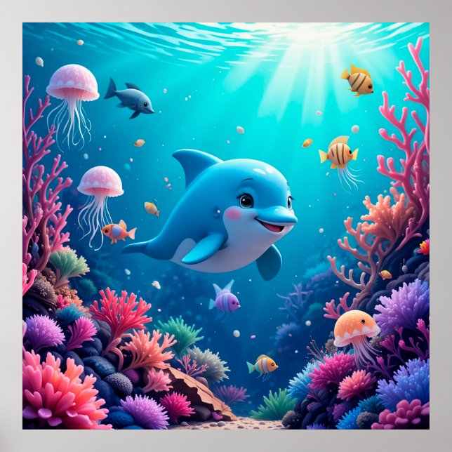 Poster Dauphin ludique et vie marine colorée (Devant)