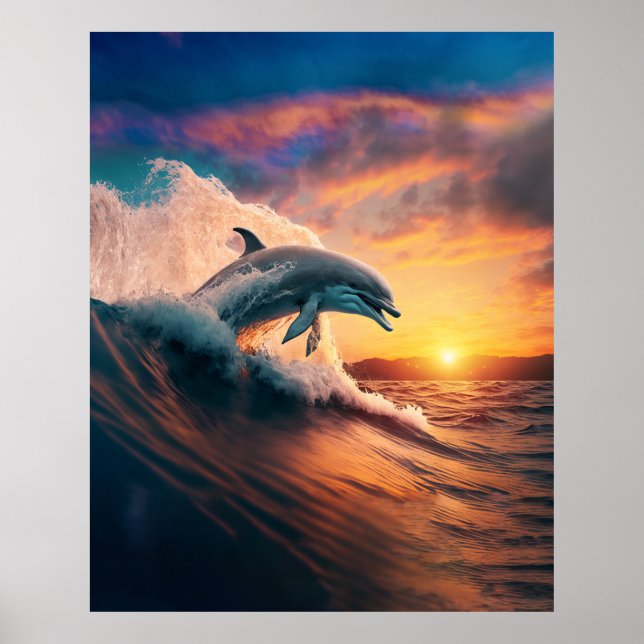 Poster Dauphin réaliste Sauter Océan Coucher de soleil En (Devant)
