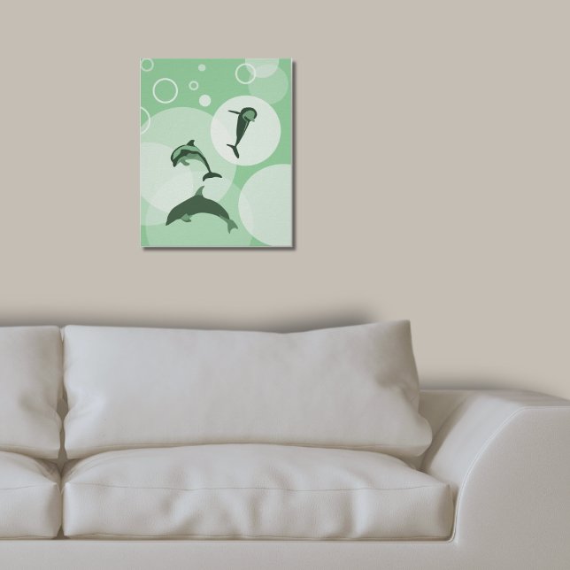 Poster Dauphins Jumping Turquoise-Green Wave amusants (Fun Turquoise-Green Wave Jumping Dolphins Poster Family Living Room)