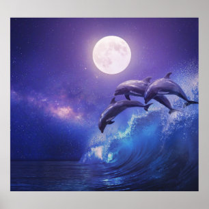 Poster Dauphins Lune : Imaginaire Océan Nocturne