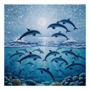 Poster Dauphins pleine lune