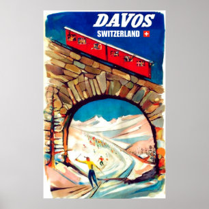 Poster Davos, téléphérique rouge sur le pont, Suisse
