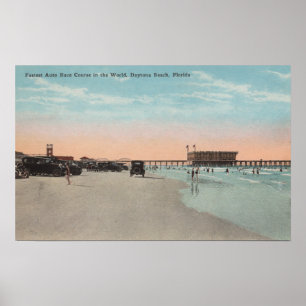 Poster Daytona, FL - Vue sur la plage avec voitures &