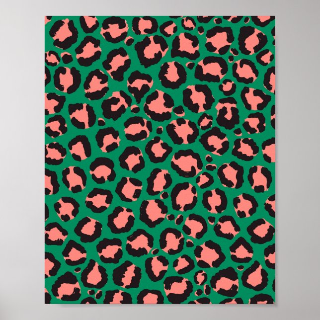 Poster de animal Léopard vert rose corail moderne (Devant)
