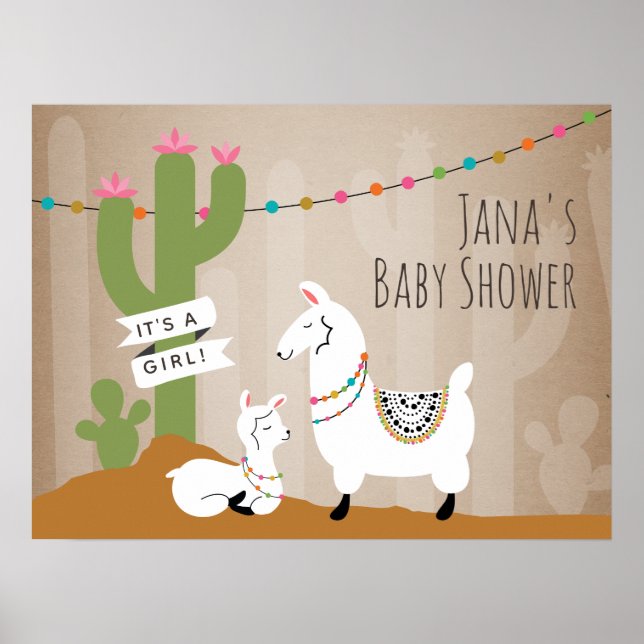 Poster de Baby shower de fille Llama Desert Cactus (Devant)