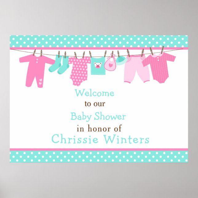 Poster de Baby shower de ligne pour bébés rose et  (Devant)