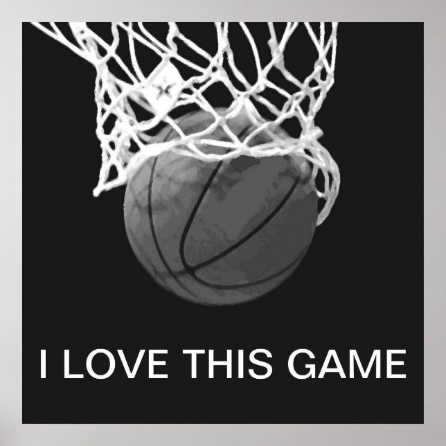 Poster de basket-ball noir et blanc J'aime ce jeu (Devant)