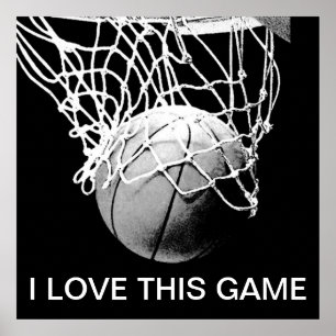 Poster de basket-ball noir et blanc J'aime ce jeu