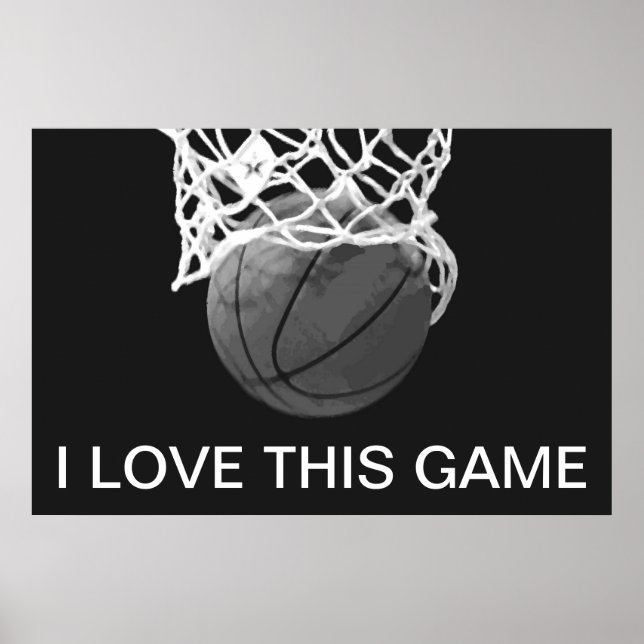 Poster de basket-ball noir et blanc J'aime ce jeu (Devant)