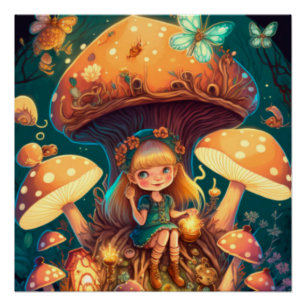 Poster De beaux elfes mignons jouent sous les champignons