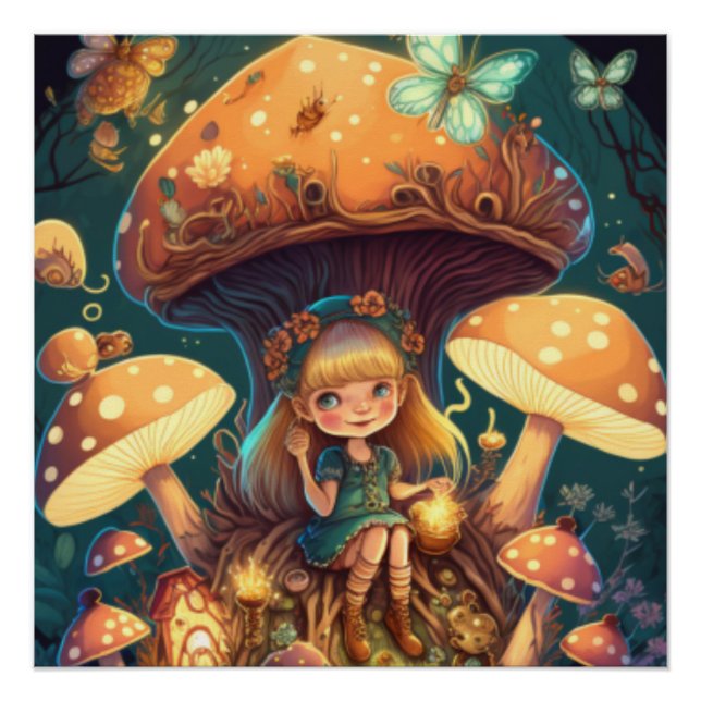 Poster De beaux elfes mignons jouent sous les champignons (Devant)