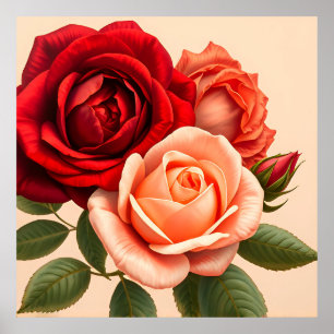 Poster De belles roses rouges, roses et corail