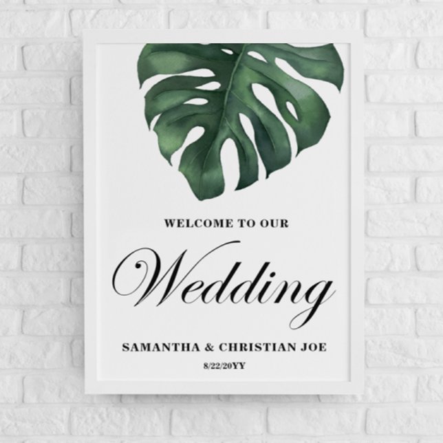 Poster de bienvenue du Mariage Green Monstera Leaf (Créateur téléchargé)