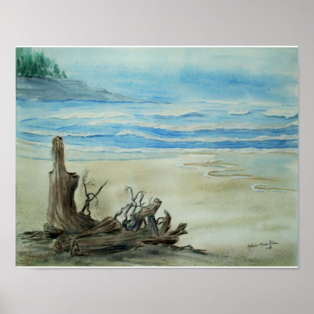 Poster de bois de chauffe sur l'aquarelle de plage (Devant)