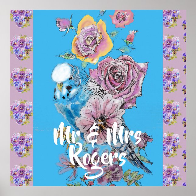 Poster de Budgie Watercolor lilas floral Nouveau m (Devant)