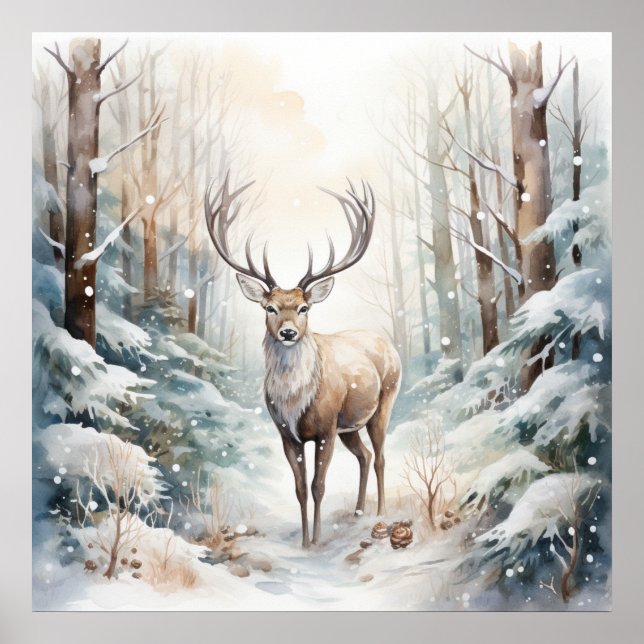Poster de cerfs en aquarelle d'hiver (Devant)