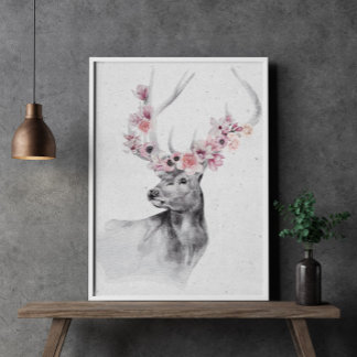 Poster de cerfs noirs et blancs en fleurs