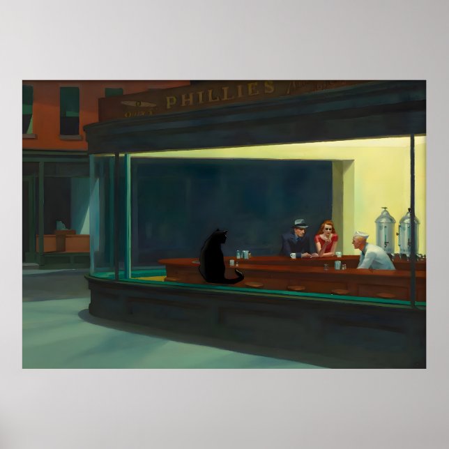 Poster de chat célèbre Peinture Hopper Nighthawks (Devant)