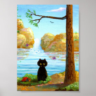 Poster de chat noir amusant Imprimer Waterfall Lak