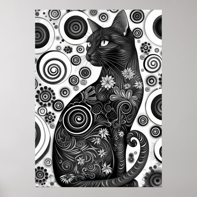 Poster de chat noir et blanc inspiré par Gustav Kl (Devant)