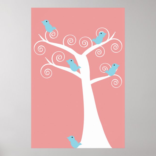 Poster de cinq oiseaux bleus dans un arbre (Devant)