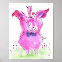 Poster de cochon rose mignon et d'oiseau 8x10"