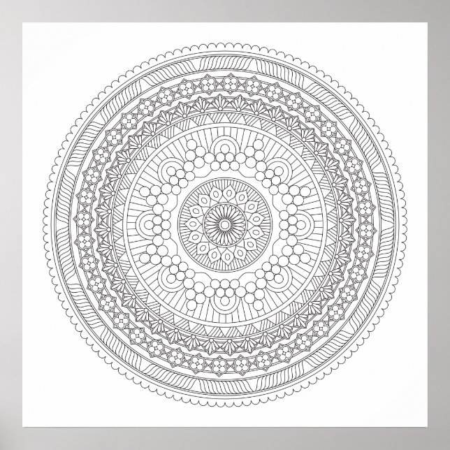Poster de couleur Mandala v3 en noir et blanc (Devant)