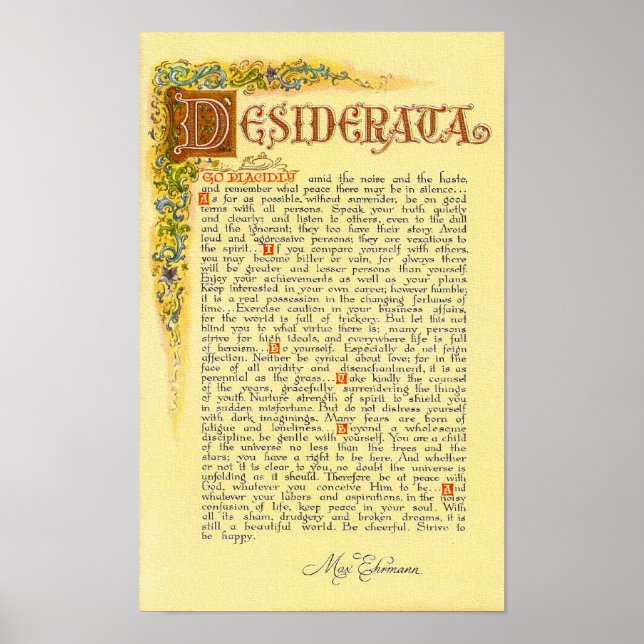 Poster de DESIDERATA par Max Ehrmann=Florentine (Devant)