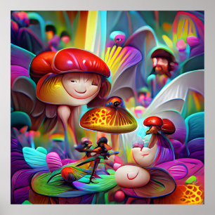 Poster de dessin animé de champignons et fées