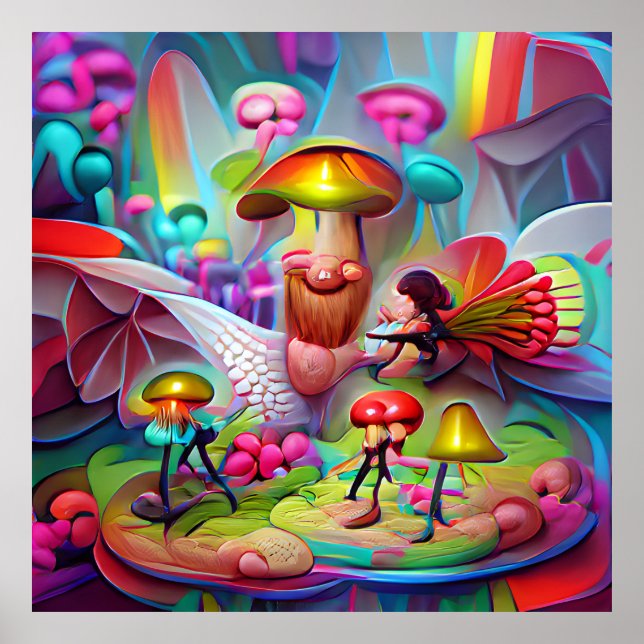 Poster de dessin animé de champignons et fées (Devant)