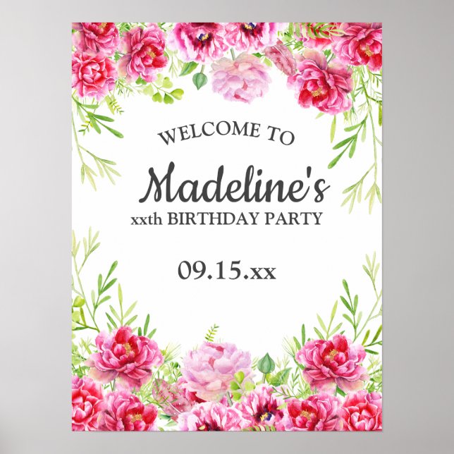 Poster de fête d'anniversaire blanc rose floral (Devant)