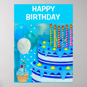 Poster de gâteau d'anniversaire bleu