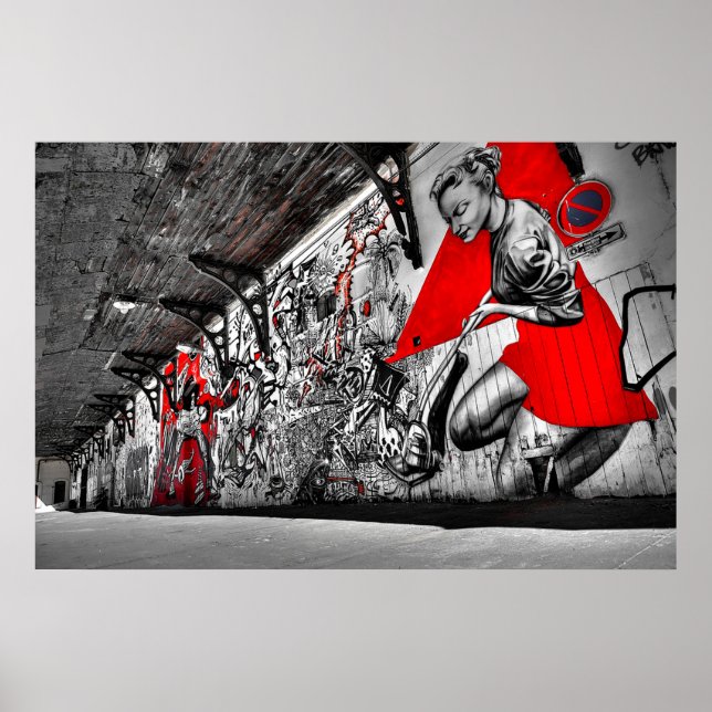 Poster de graffitis d'art de rue rouge, noir et bl (Devant)
