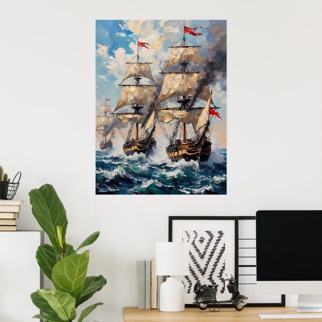 Poster De grands navires sur une mer qui fait rage (Bureau à domicile)